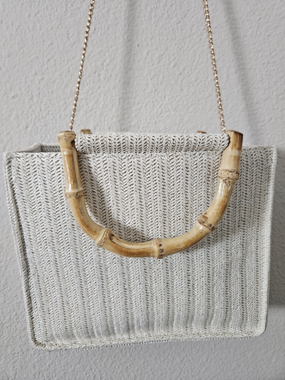 Woven Cream Bamboo-Handle Shoulder Bag